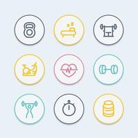 Fitness line icons, thick outline, fit and active lifestyle, workout, fitness icon, training, fitness symbols, vector illustration