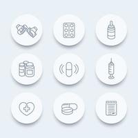 medicine, drugs, pills, pharmaceutics line icons, supplements, pharmaceuticals, medication icons, vector illustration