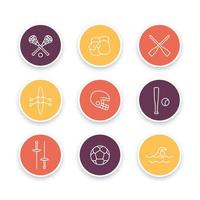 sports and games line icons, round sports symbols, boxing, fencing, lacrosse icons, vector illustration