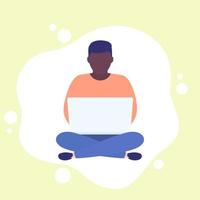 man with laptop sitting in lotus pose and working vector