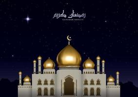 Beautiful Islamic illustration with Arabic calligraphy and gold mosque. Realistic Ramadan Kareem greeting card with night view vector