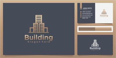 Building logo with modern line art style. Construction logo with line art style and business card vector