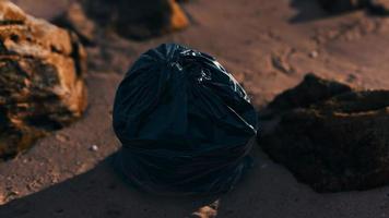 sacos de lixo de plástico preto cheios de lixo na praia video