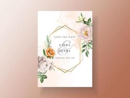 hermosa tarjeta de invitación de boda con elegante flor y hojas de acuarela vector