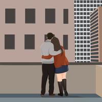 Happy Valentines Day, Young couple on terrace with simple flat building Background, Character illustration for young couple theme projects like wedding and valentines day. vector