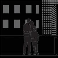 feliz día de san valentín, pareja joven en la terraza con un fondo de edificio plano simple, silueta de personaje para proyectos temáticos de pareja joven como boda y día de san valentín. vector