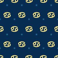 Zodiac seamless gold pattern. Repeating cancer sign with stars on the blue background. Vector horoscope symbol
