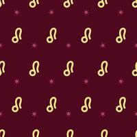 Zodiac seamless gold pattern. Repeating leo sign with stars on the dark red background. Vector horoscope symbol lion