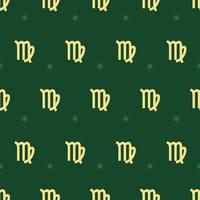 Zodiac seamless gold pattern. Repeating virgo sign with stars on the green background. Vector horoscope symbol
