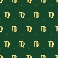 Zodiac seamless gold pattern. Repeating virgo sign with stars on the green background. Vector horoscope symbol