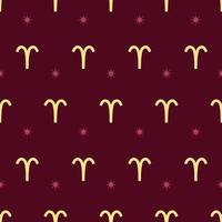 Zodiac seamless gold pattern. Repeating aries sign with stars on the dark red background. Vector horoscope symbol