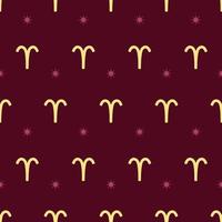 Zodiac seamless gold pattern. Repeating aries sign with stars on the dark red background. Vector horoscope symbol