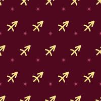 Zodiac seamless gold pattern. Repeating sagittarius sign with stars on the dark red background. Vector horoscope symbol