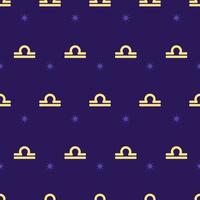 Zodiac seamless gold pattern. Repeating libra sign with stars on the purple background. Vector horoscope symbol