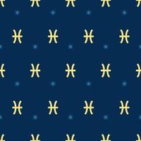 Zodiac seamless gold pattern. Repeating pisces sign with stars on the blue background. Vector horoscope symbol