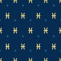 Zodiac seamless gold pattern. Repeating pisces sign with stars on the blue background. Vector horoscope symbol