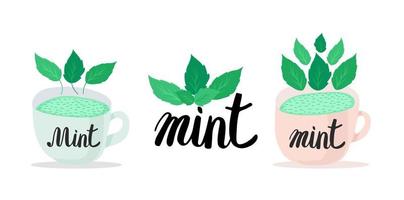 Mint set. Branches, wreath, tea isolated on white background. Green herbal tea with mint leaves. Vector herbal illustration in cartoon flat style