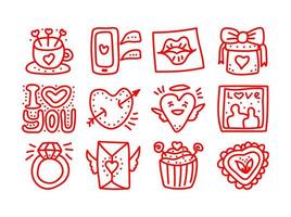 conjunto de iconos de vector de doodle de día de San Valentín dibujados a mano. día de san valentín corazones de amor, taza, regalo, teléfono móvil, labios, letras, ángel, anillo, cupido, íconos de magdalenas