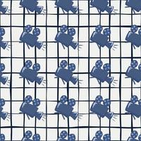 Seamless pattern with navy blue camera silhouettes. White background with black check. vector