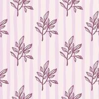 Seamless pattern with doodle branch silhouettes. Lilac outline ornament on light stripped background. vector