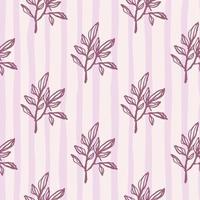 Seamless pattern with doodle branch silhouettes. Lilac outline ornament on light stripped background. vector