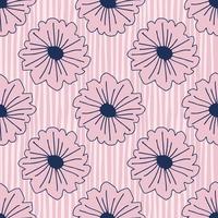 Geometric botanical seamless pattern with outline daisy flowers on stripe background. Pastel colors. vector