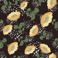 Seamless random pattern with orange folk flowers print. Brown background with splashes. Simple design. vector