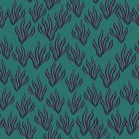 Seamless random pattern with putple outline seaweeds doodle ornament. Turquoise background. vector