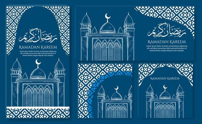Ramadan Kareem beautiful greeting card with arabic calligraphy which means Ramadan kareem, islamic background with mosques suitable also for Eid Mubarak . a set of poster.