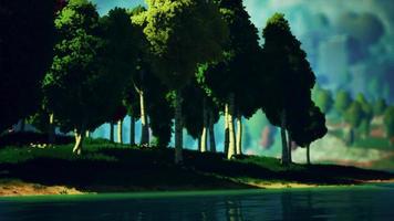 paysage de forêt verte de dessin animé avec arbres et lac video