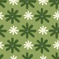 siluetas de garabatos de manzanilla de primavera patrón sin costuras. elementos florales de margarita verde oscuro y blanco sobre fondo verde oliva claro. vector