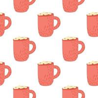 Winter cozy seamless pattern with hot chocolate cup ornament. Pink print on white background. vector