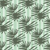 Grey tropical leaf silhouettes seamless pattern. Doodle botanic elements on background with turquoise strips. vector