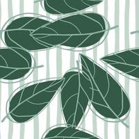 Seamless random pattern with leaves outline silhouettes. Green foliage shapes different sized on stripped background with white and blue lines. vector