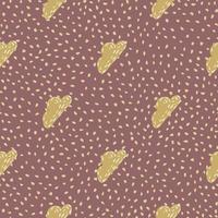 Sky seamless doodle pattern with clouds ornament in autumn colors palette. Ocher shapes on maroon dotted background. vector