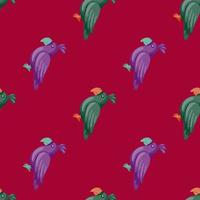 Jungle bird seamless pattern with green and purple parrots shapes. Maroon background. Minimalistic style. vector