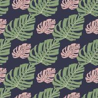 Botanical seamless palm pattern with lilac and green monstera ornament. Navy blue background. vector