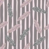 Feather seamless doodle pattern in vintage style. Random ethnic print in grey colors with striped background. vector