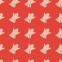 Seamless pattern with doodle light pink ghosts silhouettes. Red bright background. Halloween artwork. vector