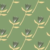 Minimalistic botanic seamless pattern with flower silhouettes. Yellow flower twigs. Soft olive green background. vector