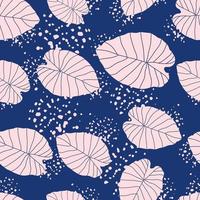 Random foliage leaves seamless pattern. Pink contoured leaves on navy blue background with splashes. vector