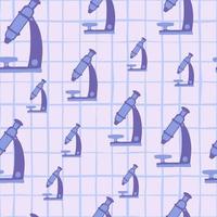 Random seamless doodle pattern with microscopes. Purple technology design with chequered background. vector