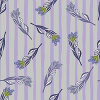 Random seamless pattern with botanic contoured flower elements. Purple pale colors. Striped background. vector