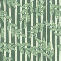 Seamless pattern with random green contoured botanic branches shapes. Striped background. Doodle print. vector