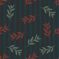 Abstract seamless random pattern with grey and red leaf branches silhouettes. Dark striped background. vector