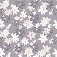 Seamless floristic pattern with daisy shapes and outline silhouettes. Light purple background with white elements. vector