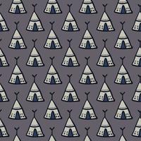 Wigwam ornament seamless doodle pattern. Simple tribal elements on dark grey background. vector