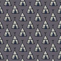 Wigwam ornament seamless doodle pattern. Simple tribal elements on dark grey background. vector