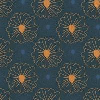 Orange contoured flowers seamless pattern on dark blue background. Simple botanic backdrop. vector
