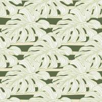 Linear monstera outline seamless pattern. Tropical leaves on stripe background. vector